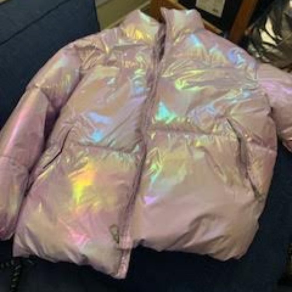 Super fun lavender metallic puffer jacket